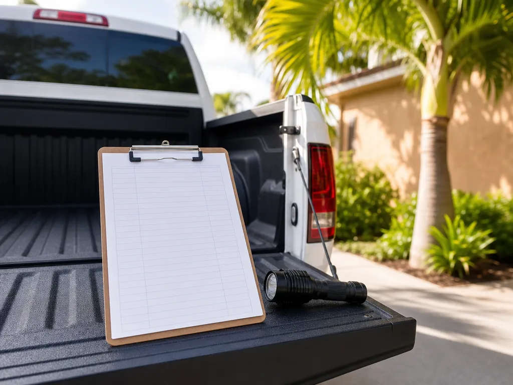 Clipboard with a blank estimate form and a flashlight on the tailgate of a white pickup in a Florida driveway