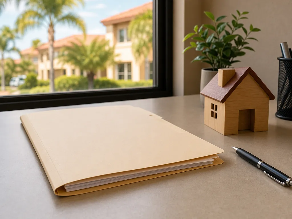 Document folder, pen, and a small model house on an office desk