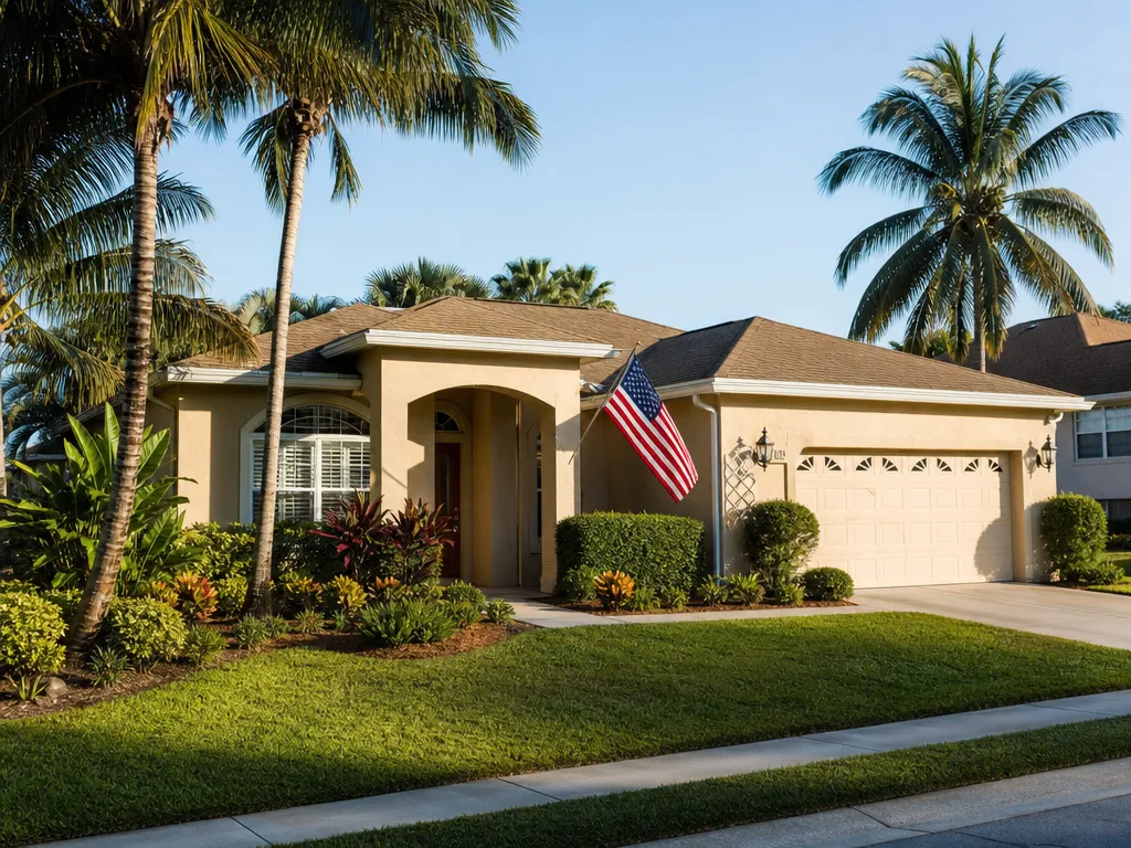 Single-story Florida home with an American flag by the front porch