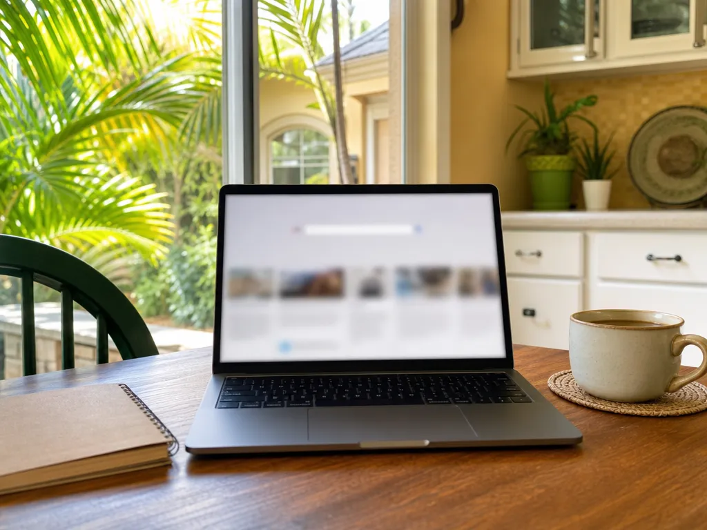 Laptop with a blurred search page on a kitchen table with a notebook and coffee