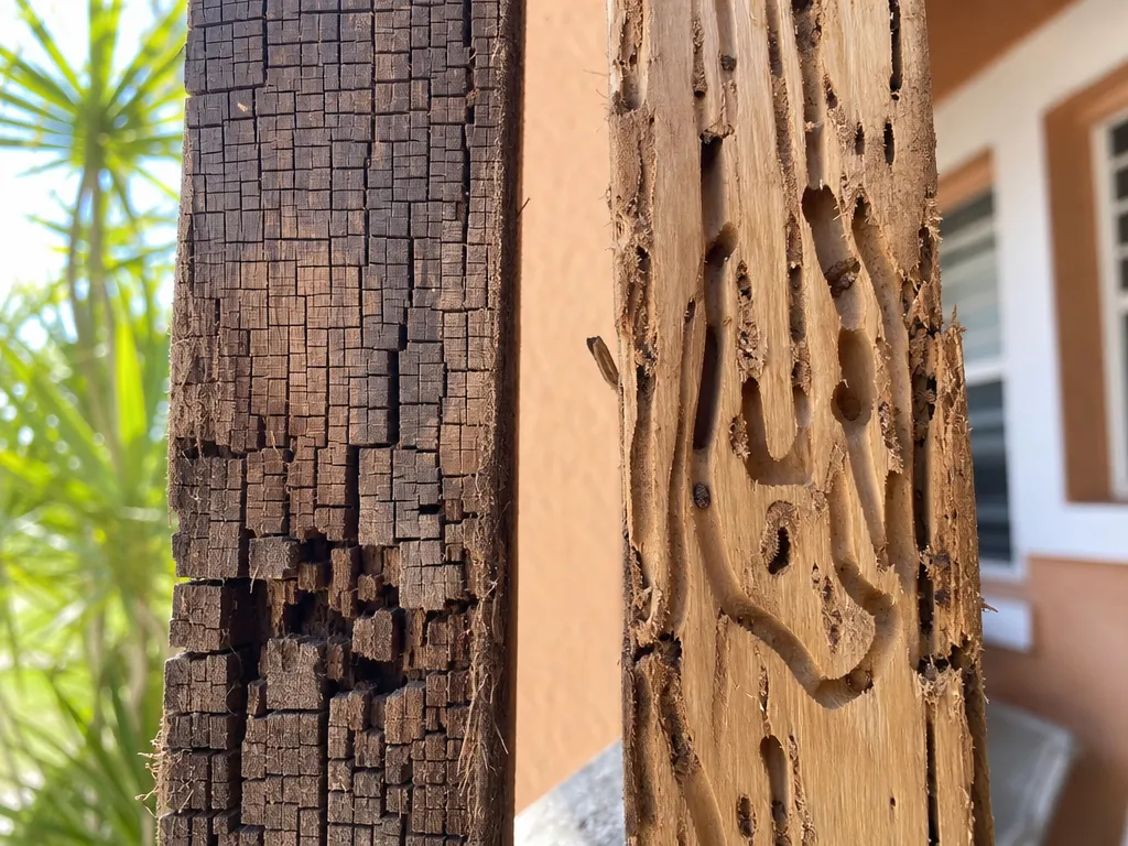 Cubical wood rot cracking beside termite galleries eaten along the grain in damaged lumber