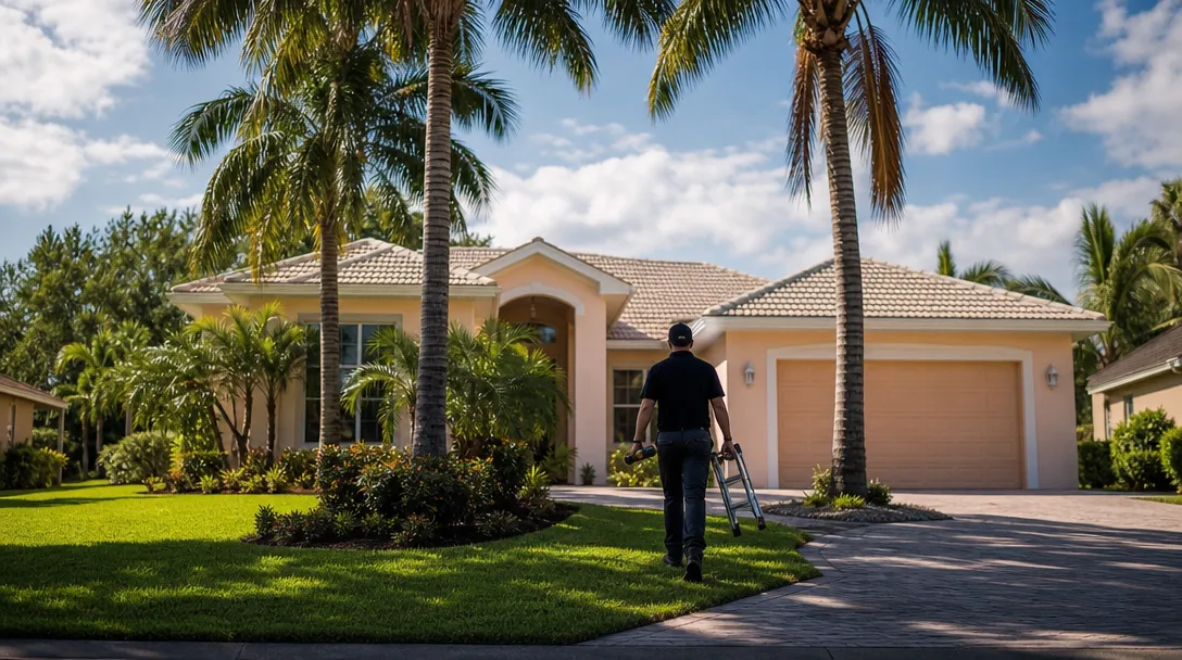 Home inspector with a step ladder and flashlight arriving at a single-story Florida stucco house under palm trees