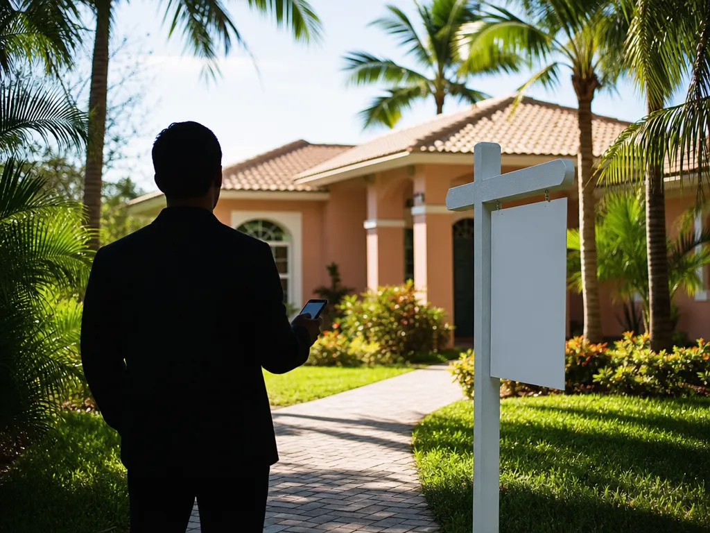 Real-estate agent with a smartphone beside a blank yard sign in front of a Florida home